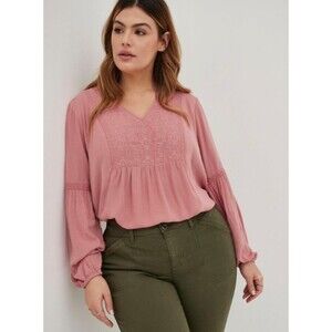 Torrid Women's Crinkle Gauze Embroidered Peasant Top Pink Puff Sleeve Size 3X